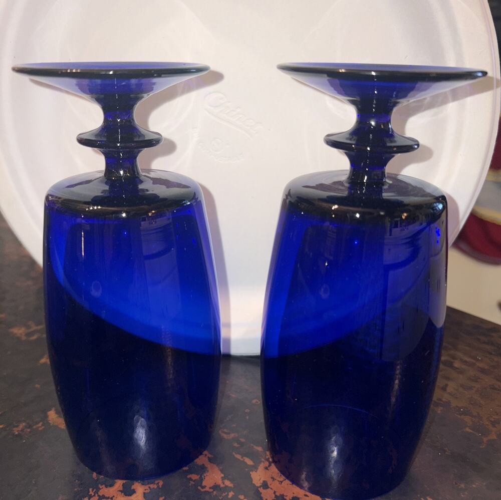 2 Vintage Nybro Cobalt Blue Goblets 6.5” Sweden Beautiful
